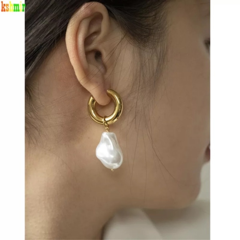 🌟 Big Imitation Baroque Pearl Hoop Earrings - Picture 2 of 4
